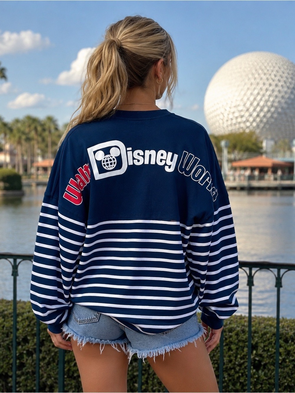 Disney World Parks Navy White Stripe Spirit Jersey Sweatshirt XS Oversized